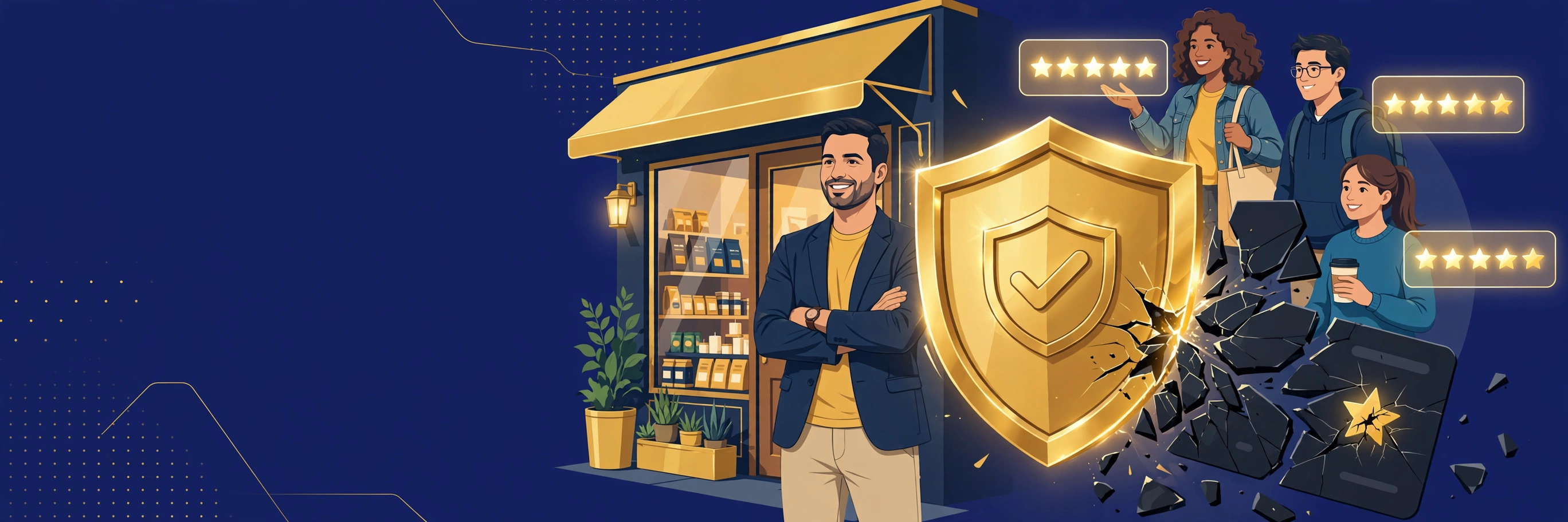 A golden shield protecting a business owner and his happy customers from a fake one-star review